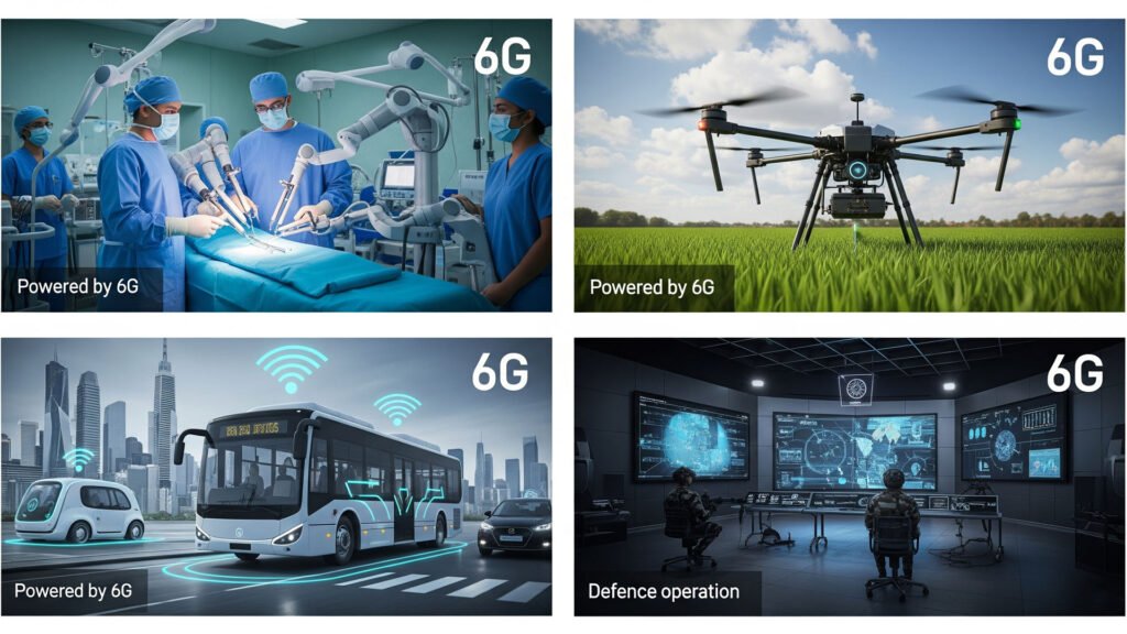 Collage showing healthcare, agriculture, transport, and defense powered by 6G in India