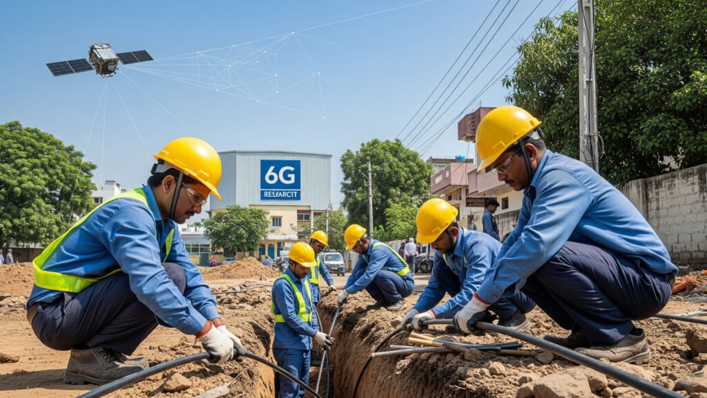 Illustration of India's telecom infrastructure under construction with visible fiber lines and satellite gear