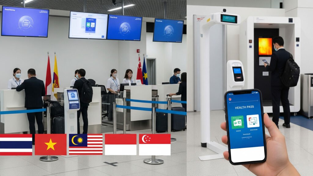 COVID-19 entry rules in Southeast Asia for 2025 travel, showing flags and airport screening visuals.