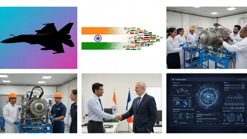 A collage visualizing India’s jet engine goals including AMCA aircraft, exports, R&D, and tech transfer