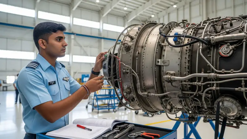 Indian Air Force mechanic examining a jet engine showcasing the Fund Kaveri Engine initiative