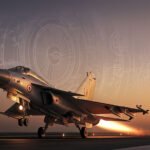 Fund Kaveri Engine movement visualized with an Indian fighter jet taking off from a runway backed by engine blueprints