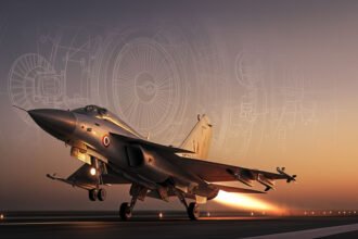 Fund Kaveri Engine movement visualized with an Indian fighter jet taking off from a runway backed by engine blueprints