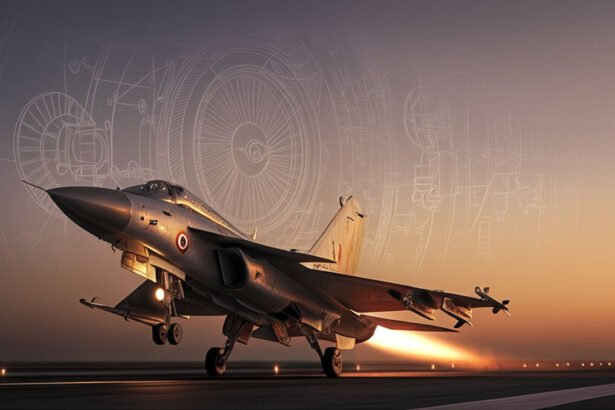Fund Kaveri Engine movement visualized with an Indian fighter jet taking off from a runway backed by engine blueprints