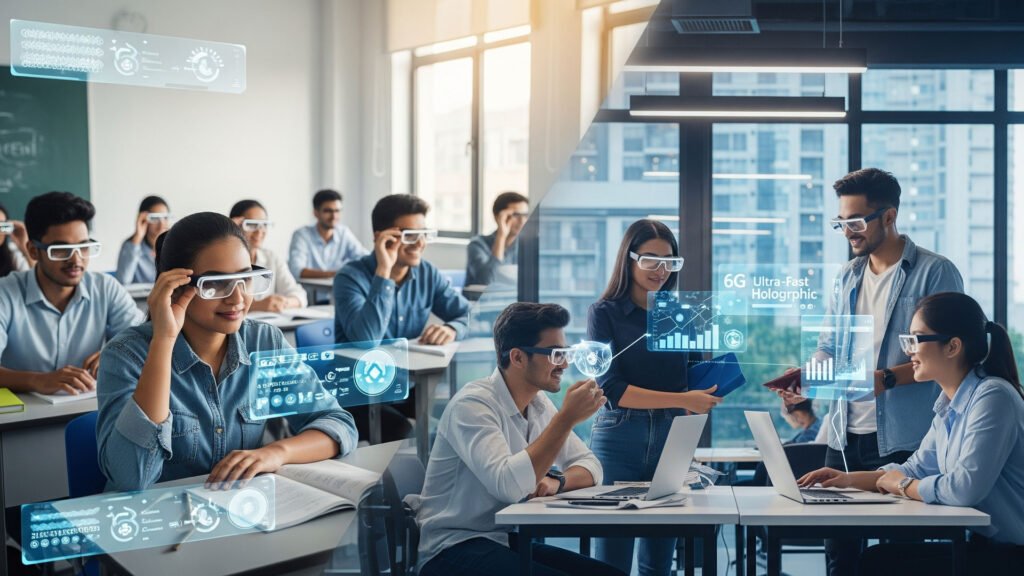Young Indian students and professionals using futuristic AR devices in a smart workspace and classroom