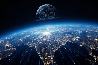 India 6G Connectivity visualized with digital network grid over Indian map and bright 6G hologram overlay
