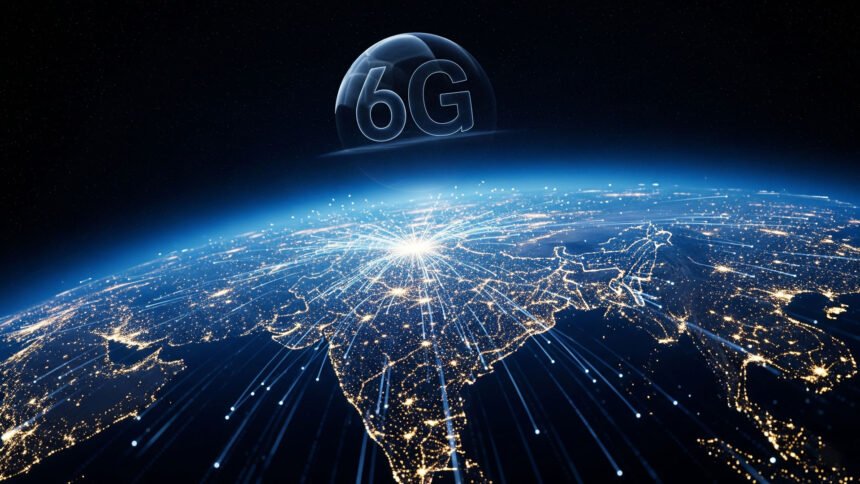 India 6G Connectivity visualized with digital network grid over Indian map and bright 6G hologram overlay