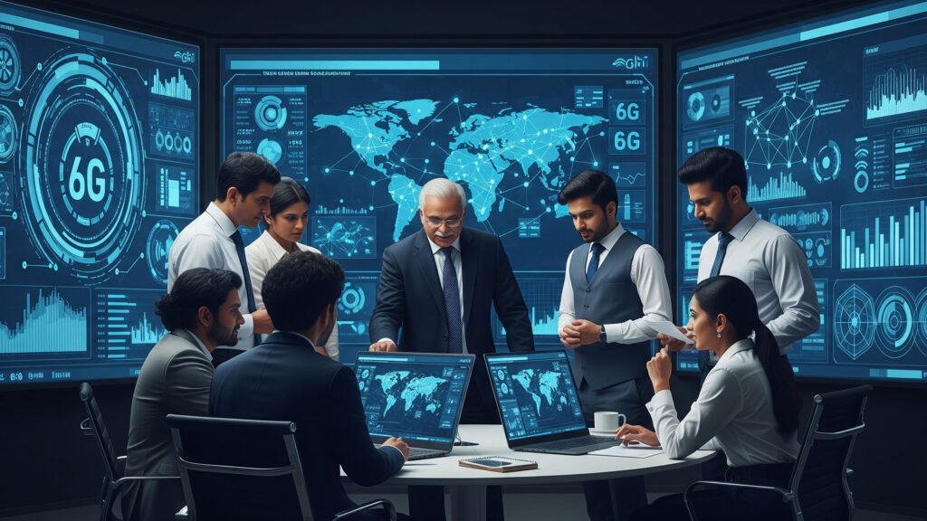 Indian telecom engineers in a control room analyzing 6G development charts and digital projections