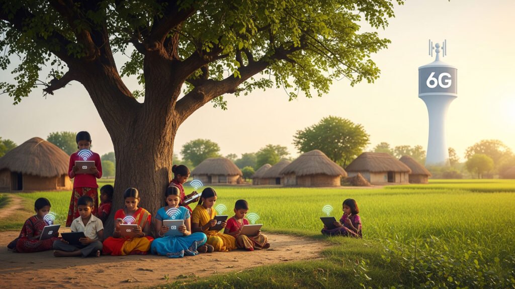 Rural Indian village connected with 6G towers and children accessing online learning via tablets