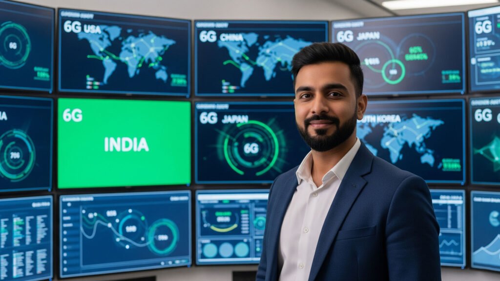 Indian engineer standing confidently in front of 6G technology screens showing international data comparisons
