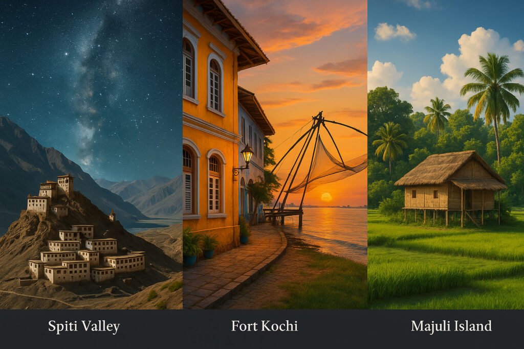 A collage of Spiti Valley, Fort Kochi, and Majuli Island, showcasing diverse Indian slow travel destinations.