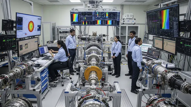 ISRO-style Indian lab testing futuristic jet engine tech with engineers monitoring computers