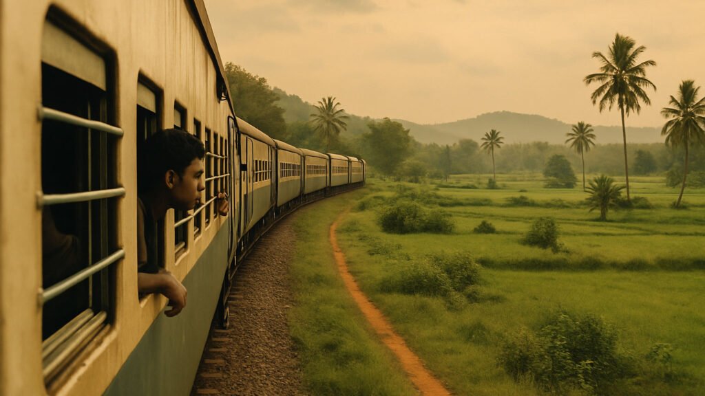 A scenic Indian train journey, highlighting sustainable and authentic local travel.