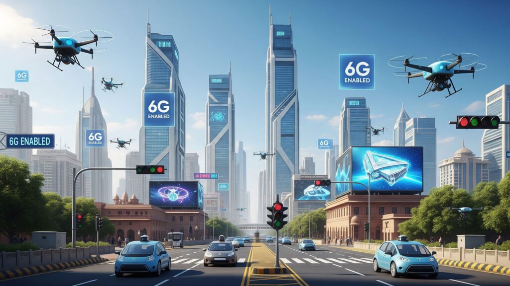 Futuristic urban city with 6G smart infrastructure and AI-connected systems