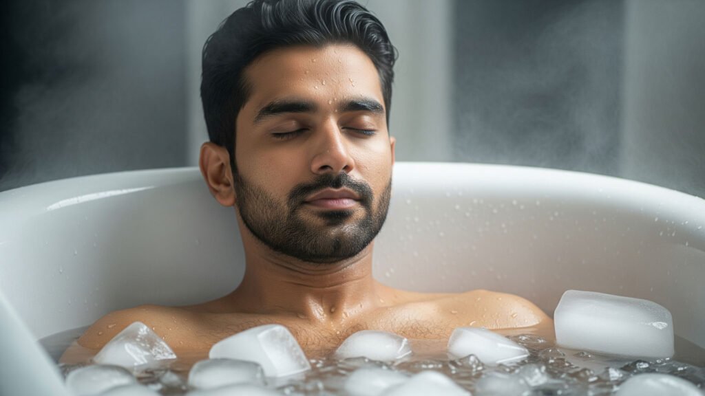 Man practicing Ice Bath Therapy in Mumbai showing how the Mumbai Ice Bath Trend is growing among wellness seekers.